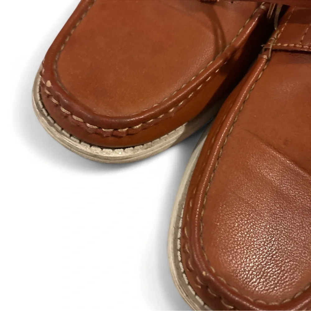 Tahari Men’s Brown Leather Boat Shoes Size 12 Moc Toe Stripe Casual Loafers